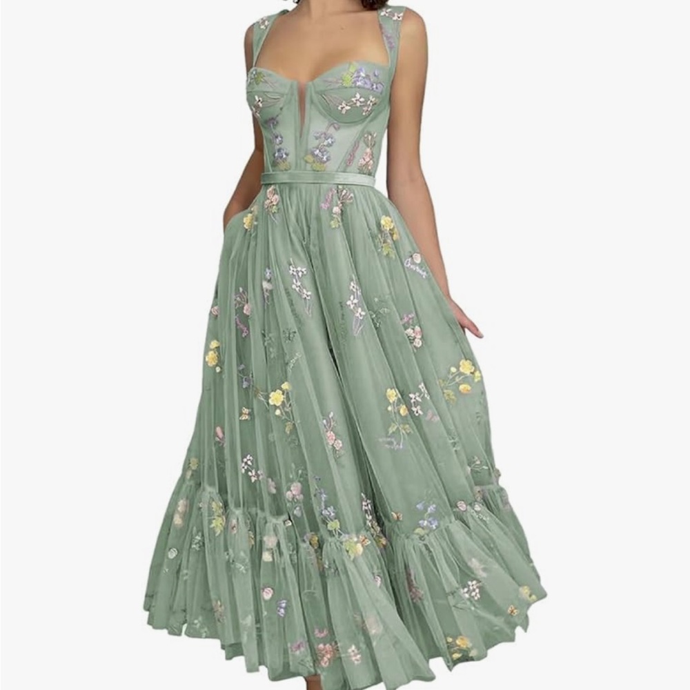 Green Floral Embroidered Midi Dress